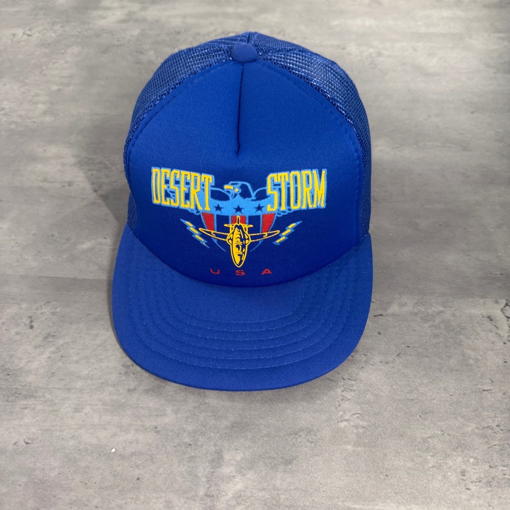 Vintage Desert Storm Snapback Yupoong Trucker Hat Blue USA Military Mesh Cap